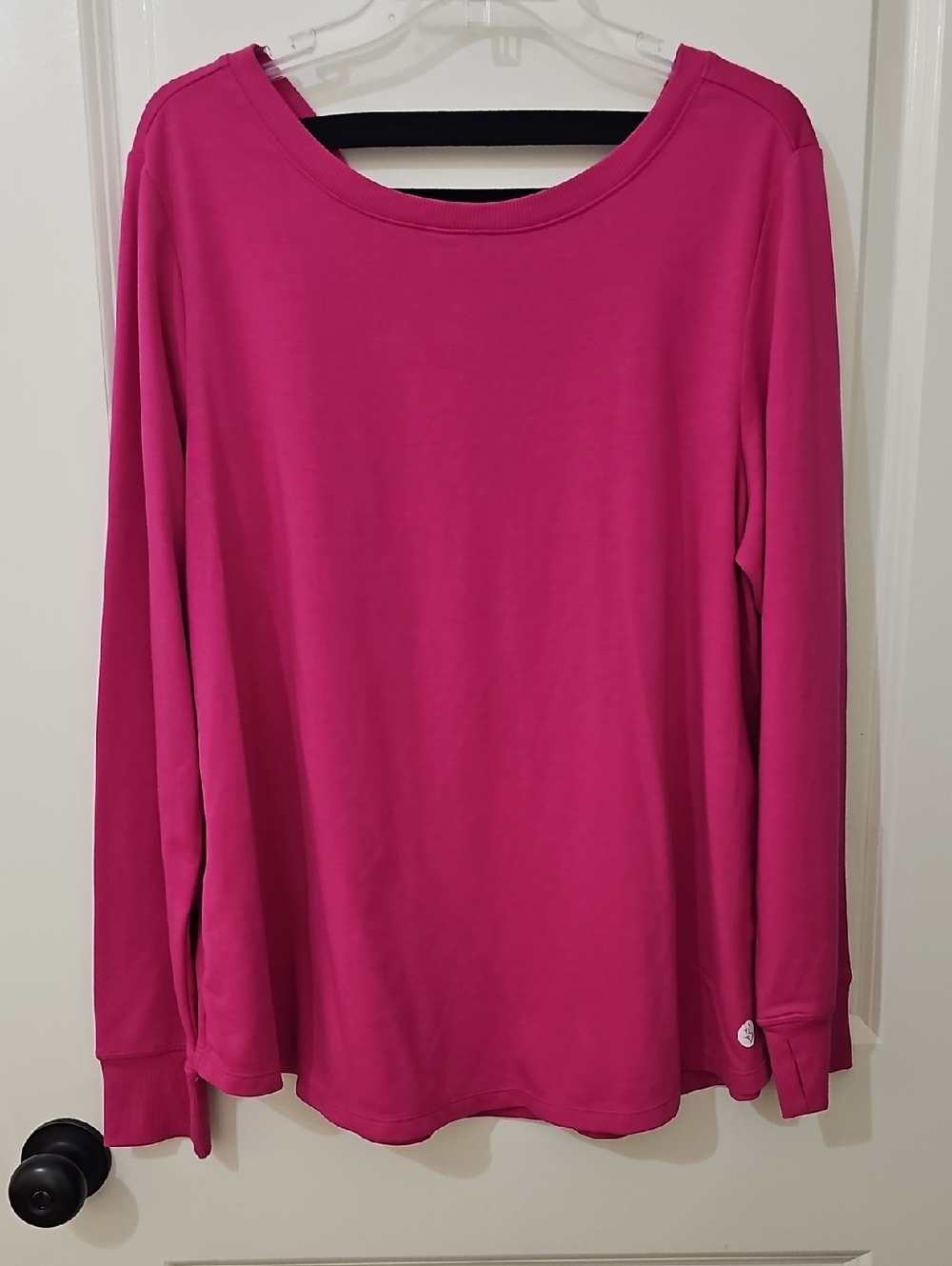 Torrid Hot Pink Long Sleeve Scoop Neck Top With Black Strappy Details On Back